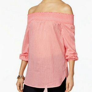 Michael Kors Pink and White Striped Off the Shoulder Top